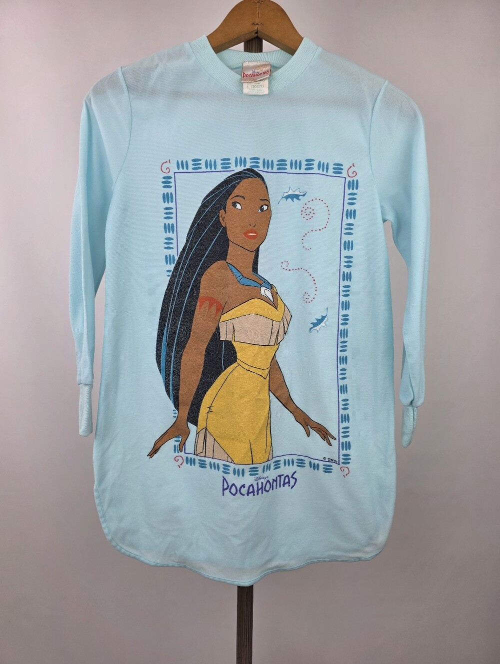 Disney Pocahontas Vintage 90's Kids Light Blue Long Sleeve Sleepwear Nightgown L